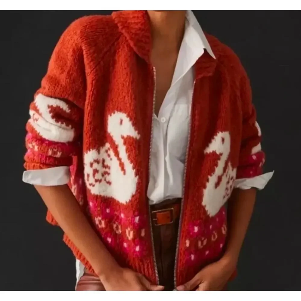 Maeve by Anthropologie Rust and Cream Swans Cardigan.  Size L (P). Retails $180 - Picture 2 of 12